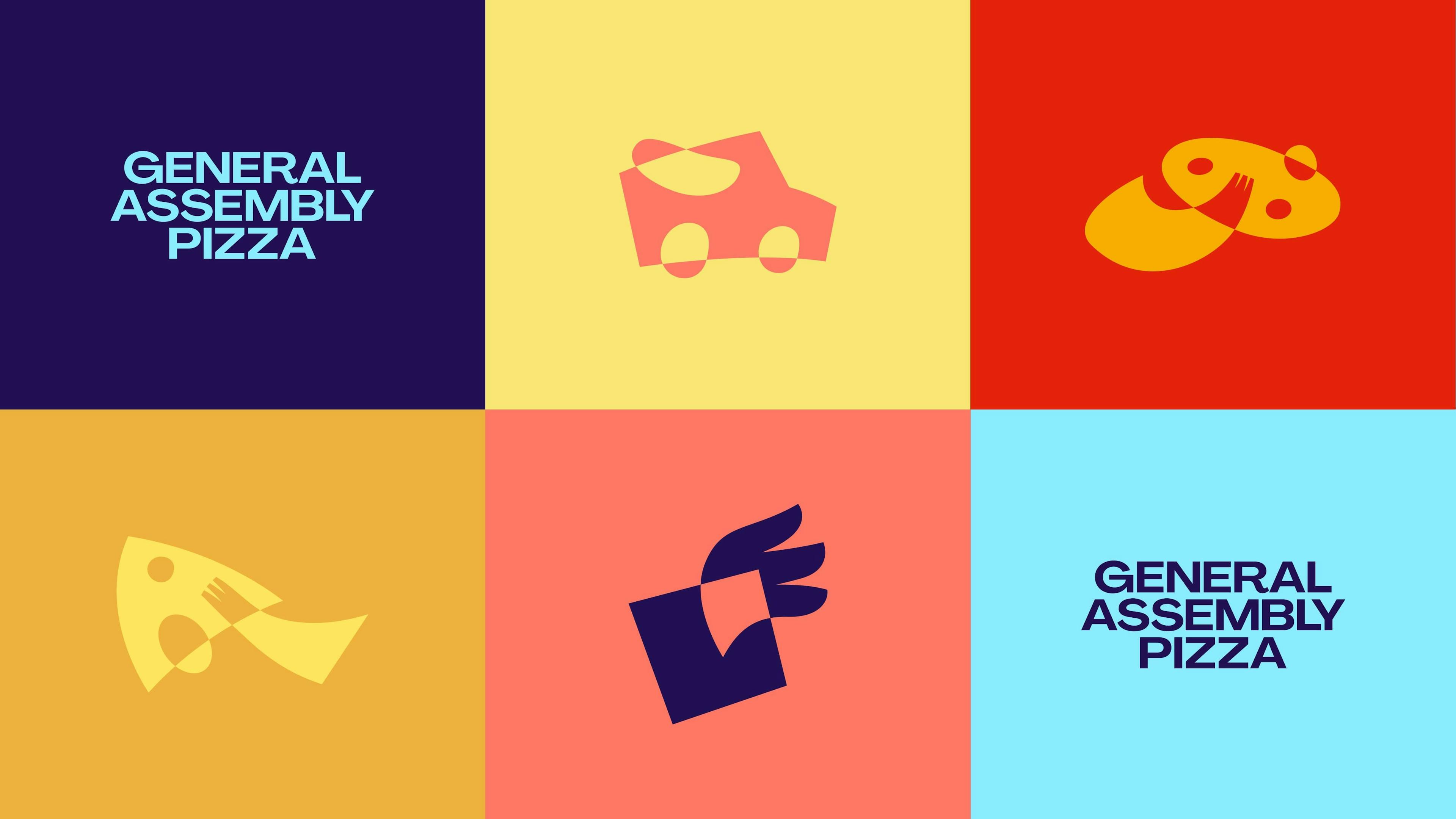 Brand identity, color palette and iconography for General Assembly Pizza.