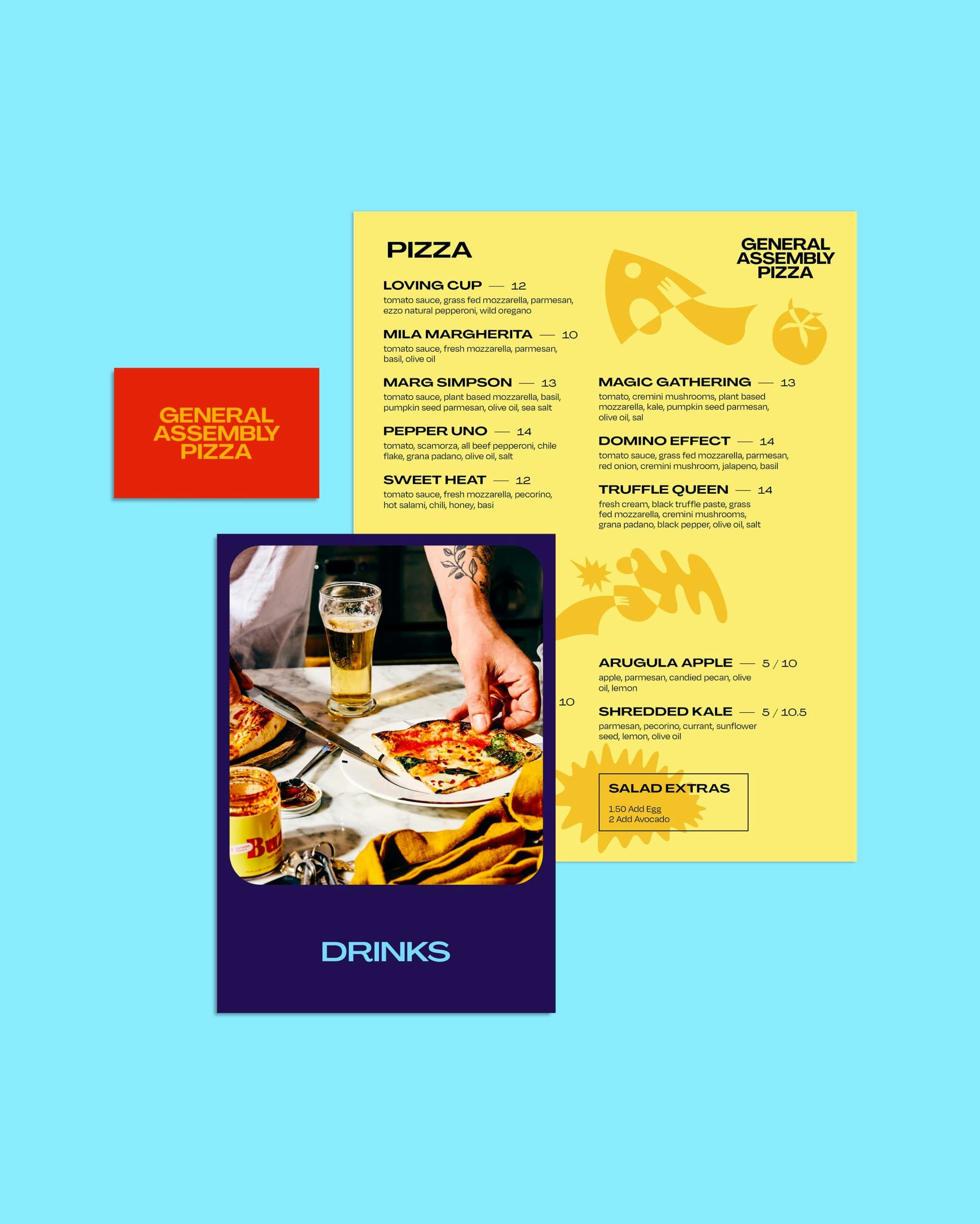 Menu design, illustrations and business card stationary for General Assembly Pizza.
